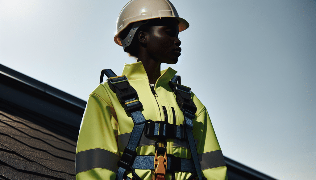 illustration of a roofer wearing safety harness and hard hat