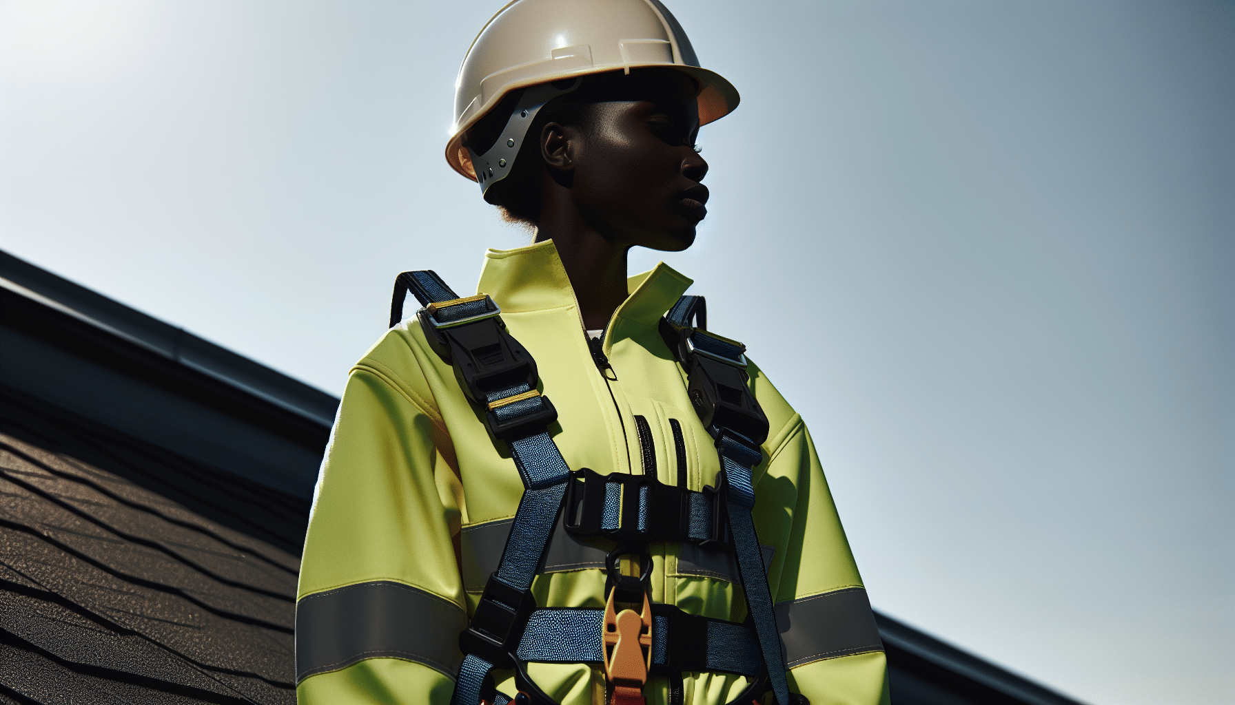 illustration of a roofer wearing safety harness and hard hat