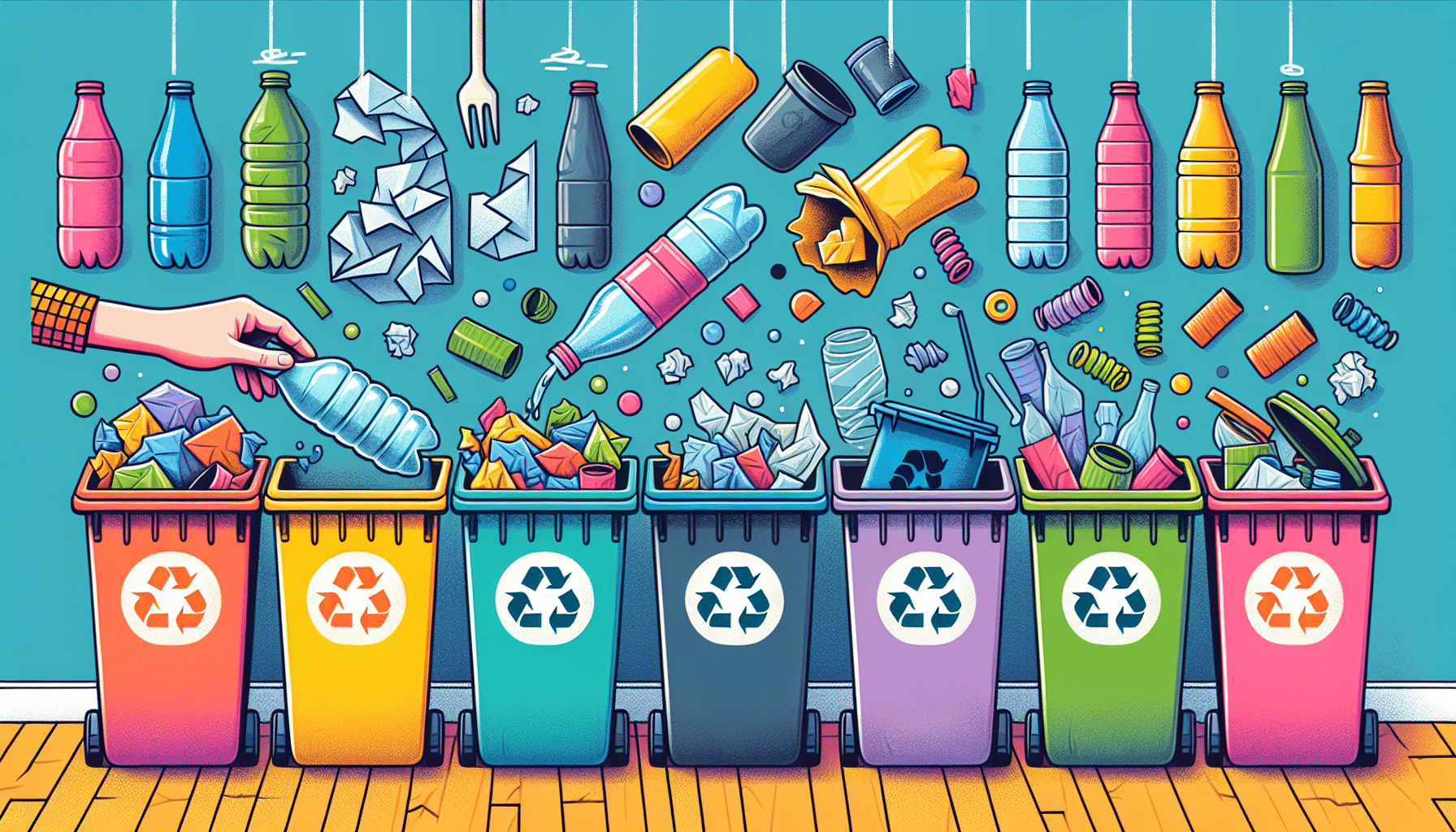 Illustration of various recyclable materials being sorted into different bins