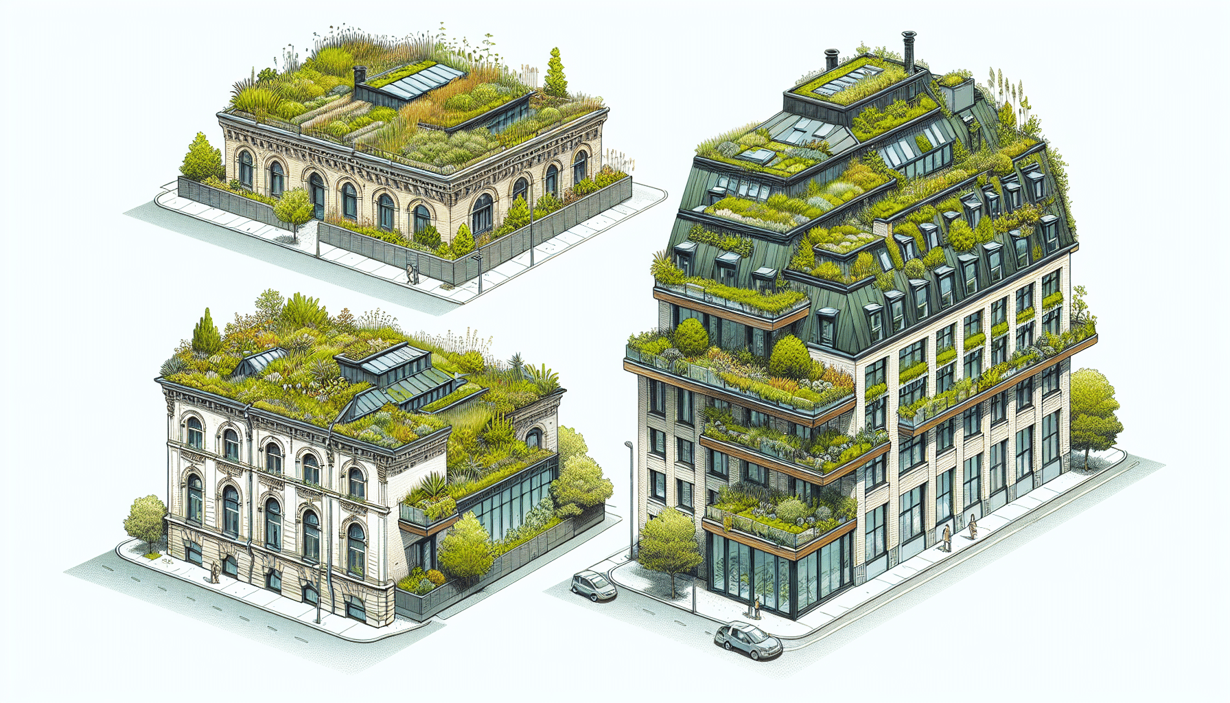 Illustration of different types of green roofs
