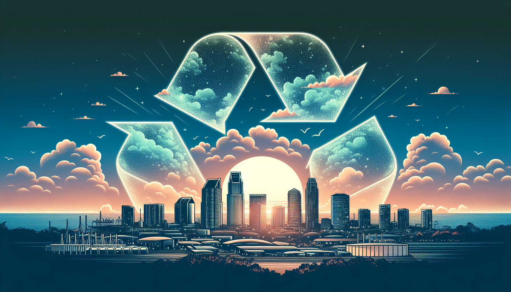 Illustration of a city skyline with recycling symbols in the background