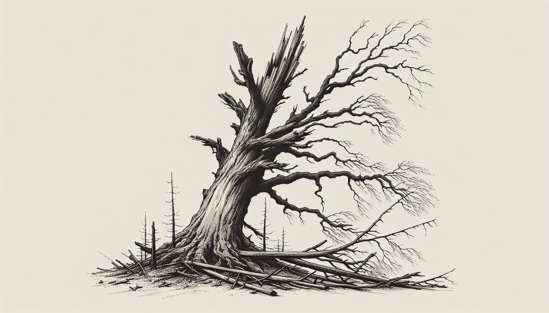 Dead tree with leaning trunk and fallen branches