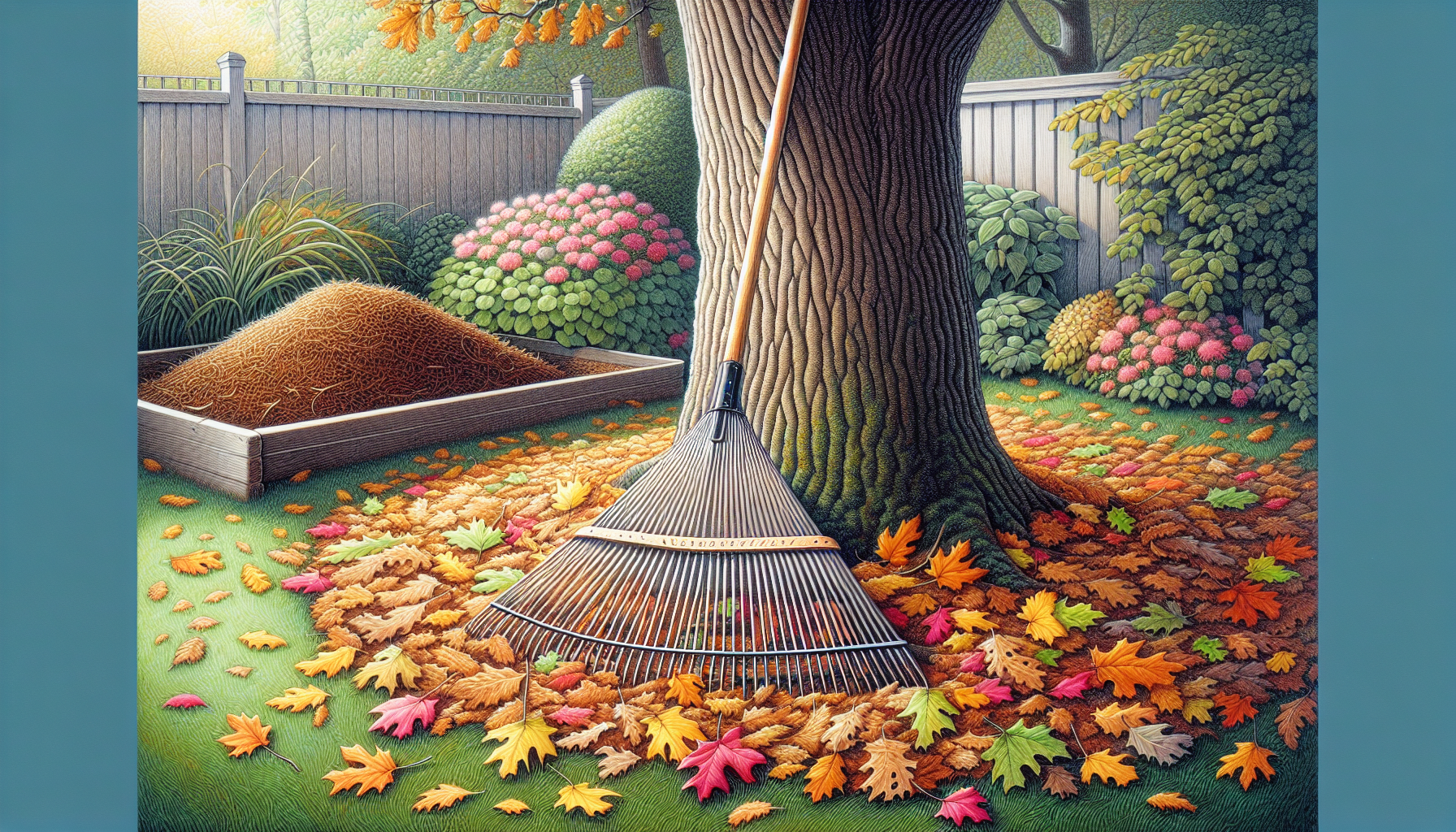 Illustration of a healthy yard with fallen leaves and a rake