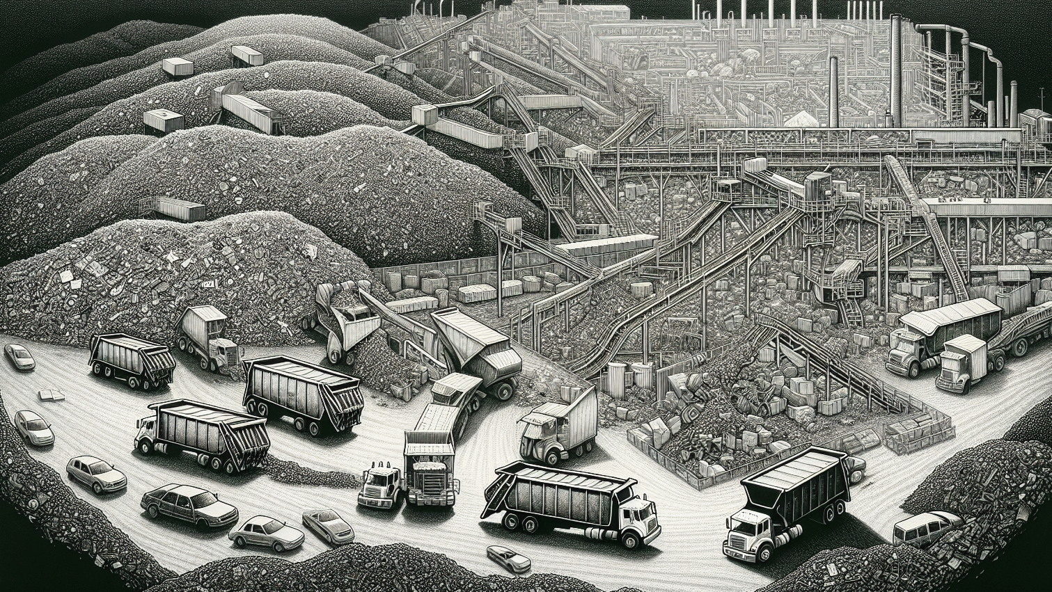 Illustration of a landfill site with waste disposal trucks and recycling facilities