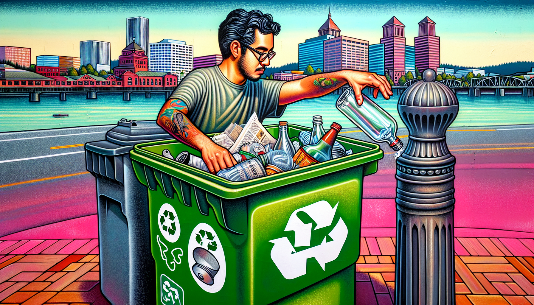 Illustration of a person putting items into a recycling bin in Portland