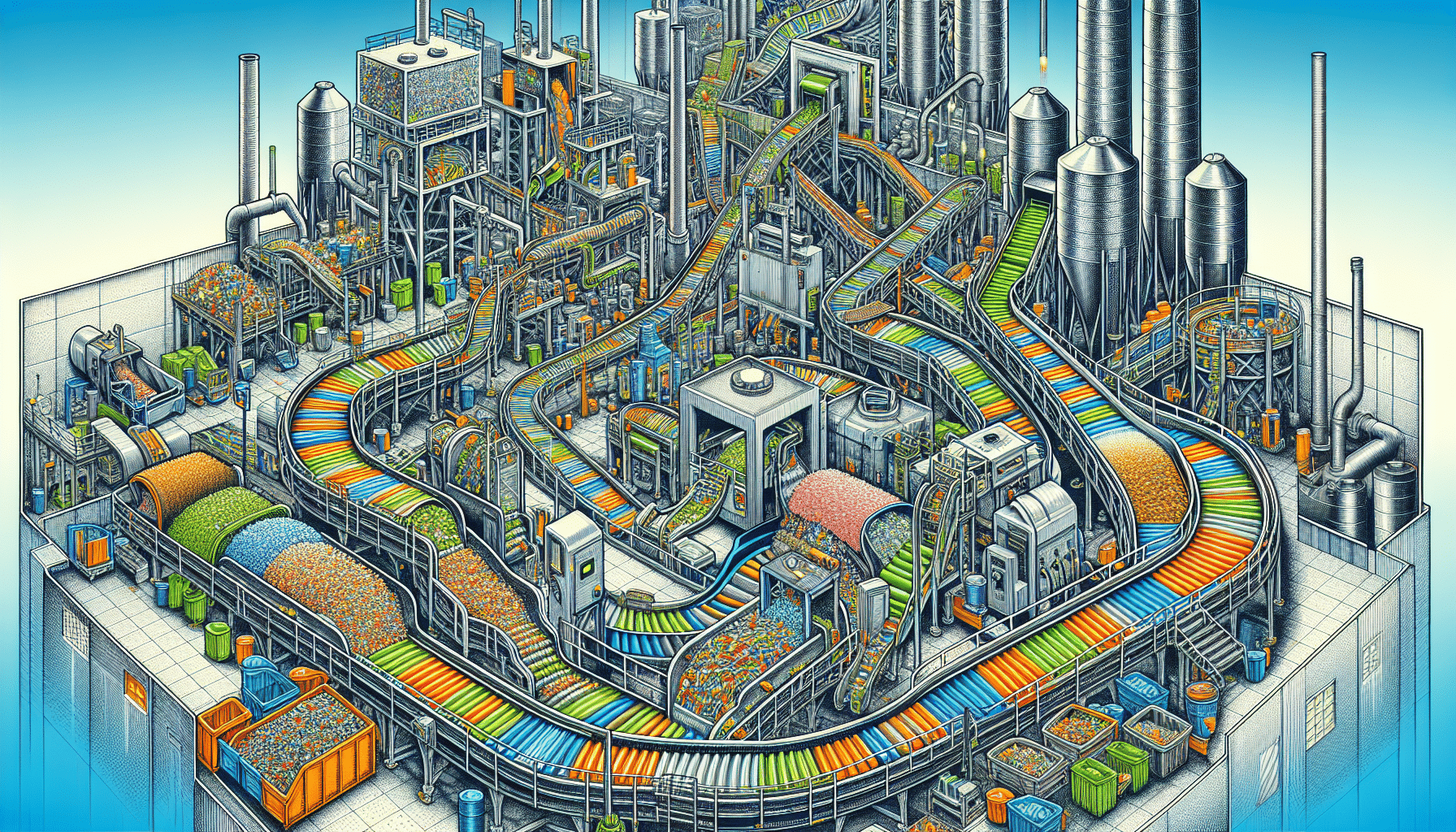 Illustration of a recycling plant with conveyor belts and sorting machinery
