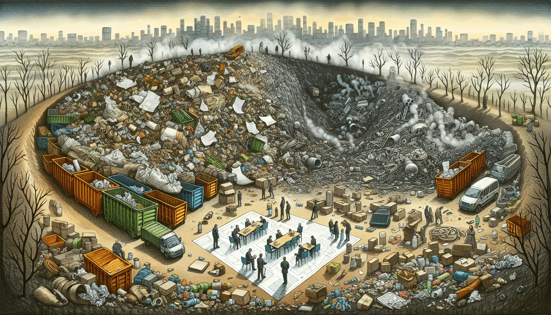 Illustration of a landfill with various types of waste