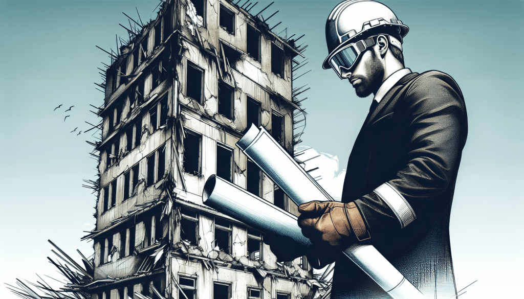 Illustration of a demolition contractor examining a building