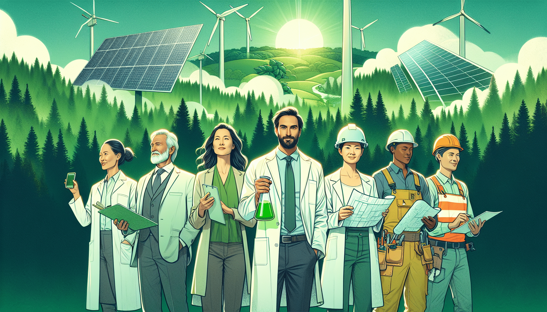 Illustration of a group of diverse leaders standing together, symbolizing leadership in environmental companies