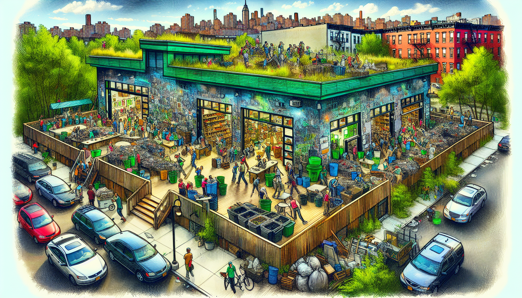 A vibrant illustration of a community environmental center in Brooklyn, promoting sustainability and reuse of building materials