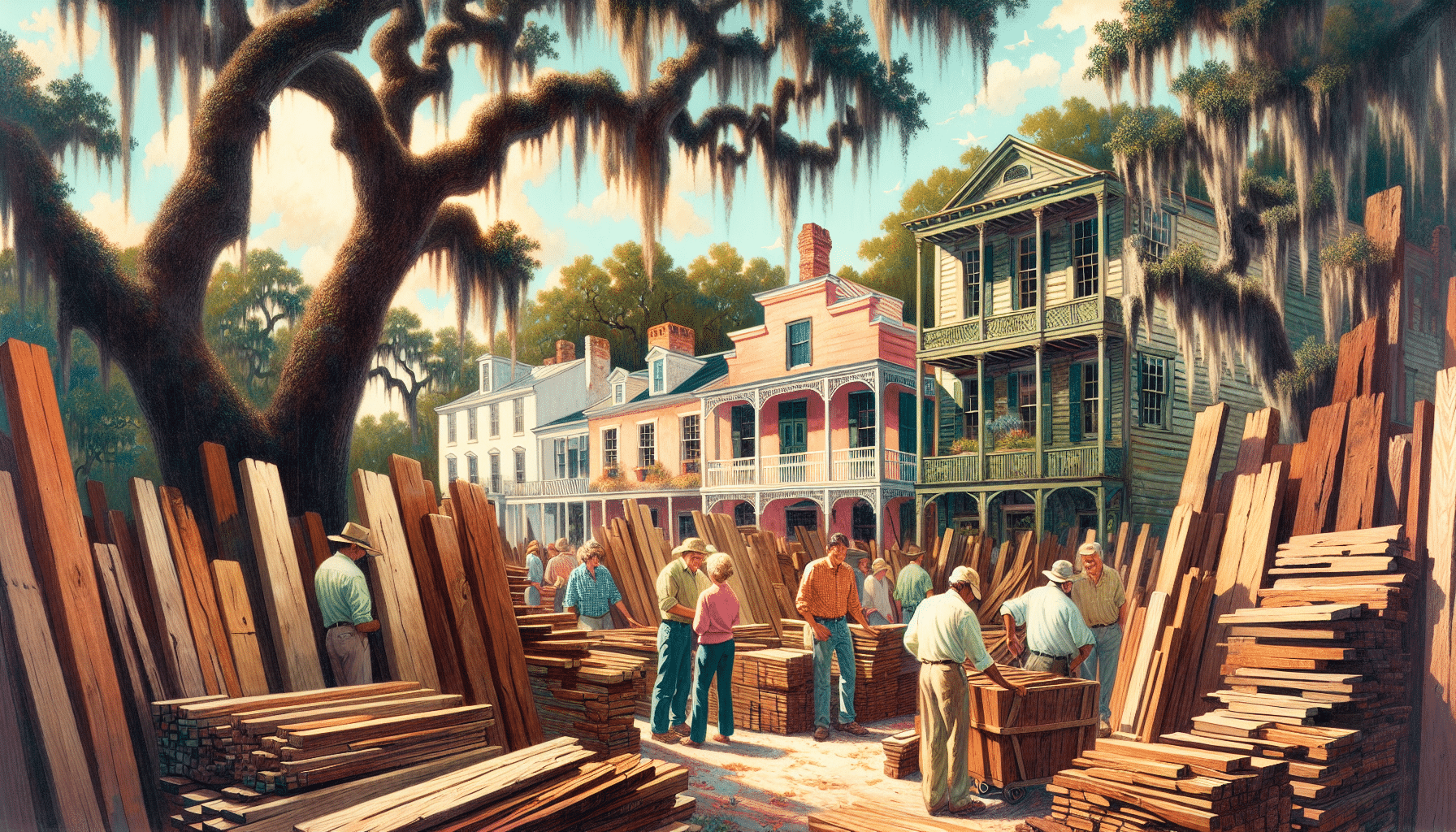 Illustration of a bustling lumber yard in Savannah