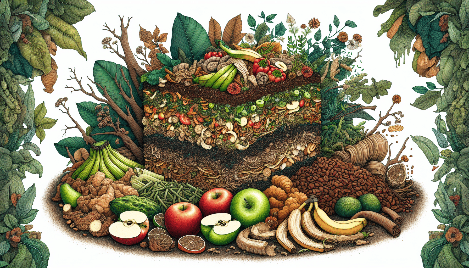 Illustration of a compost pile with food scraps turning into nutrient-rich compost